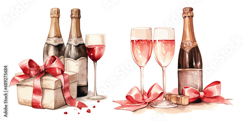 Bottle of champagne with present gift boxes and glasses with bows in pink color vectors
