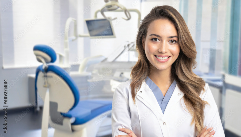female dentist smiling with dental clinic in background female dentist smiling with dental clinic in background