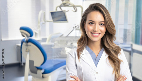 female dentist smiling with dental clinic in background