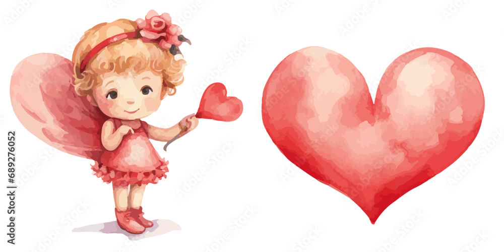 Obraz premium cupid girl holding a heart and a red heart vectors