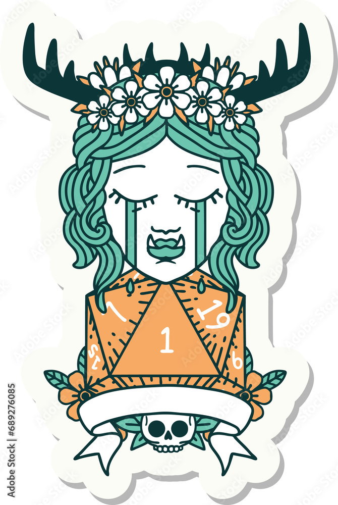 sticker of a crying orc druid character with natural one roll sticker of a crying orc druid character with natural one roll