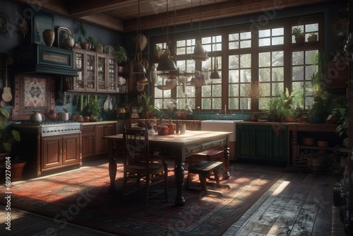 Bohemian style kitchen interior in dark colors