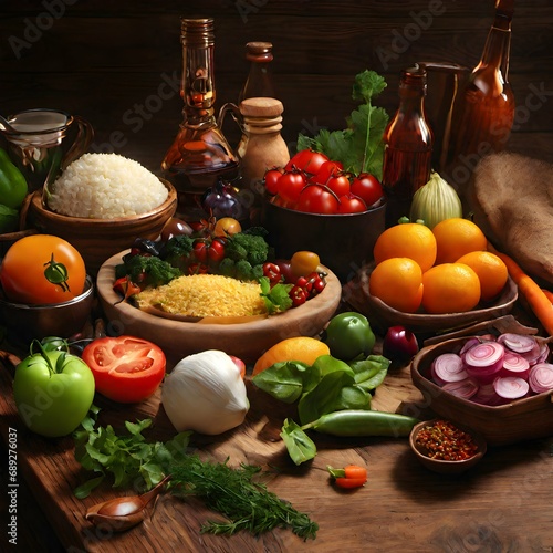 Delicious food and ingredients on a wooden table