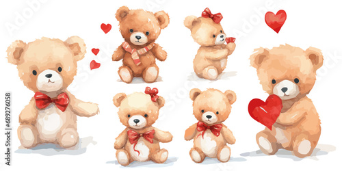 set of Valentine's teddy bears with hearts isolated on white vectors