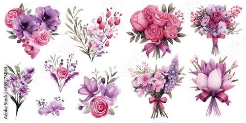 Lilac purple lavender and pink flowers isolated on white background vectors © M