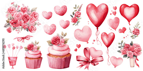 Valentine's elements with heart balloons roses flowers, cupcakes cakes pink red color vectors