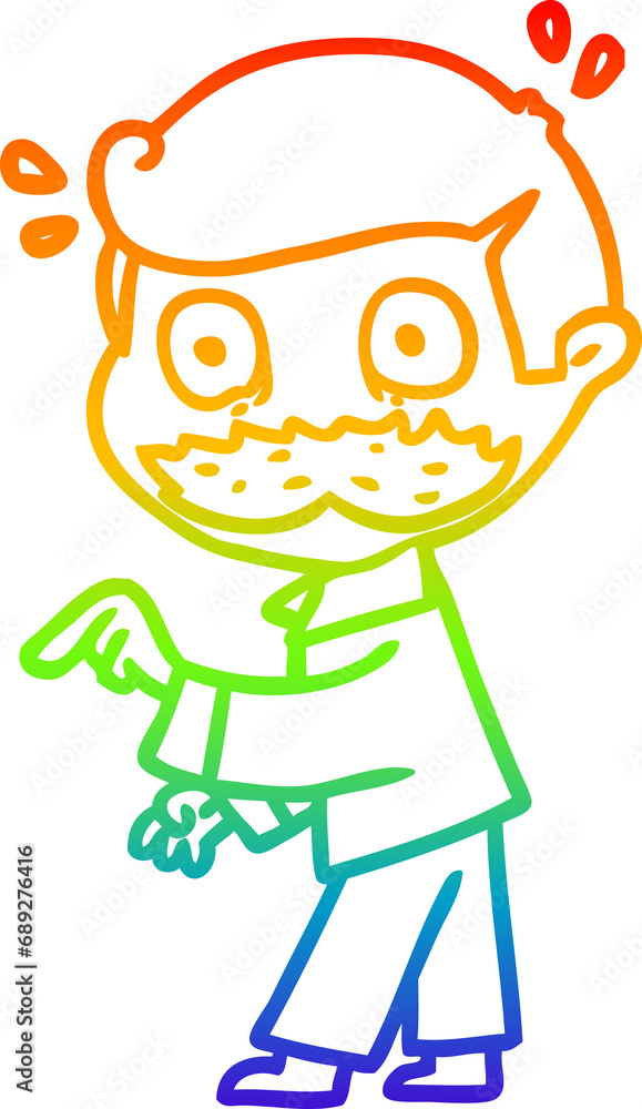 rainbow gradient line drawing of a cartoon man with mustache making a point