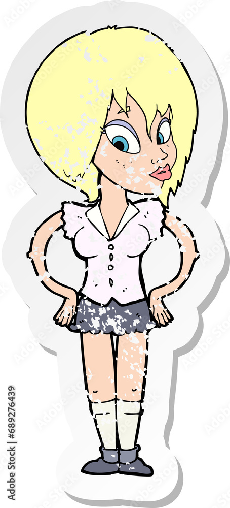 retro distressed sticker of a cartoon woman with hands on hips retro distressed sticker of a cartoon woman with hands on hips