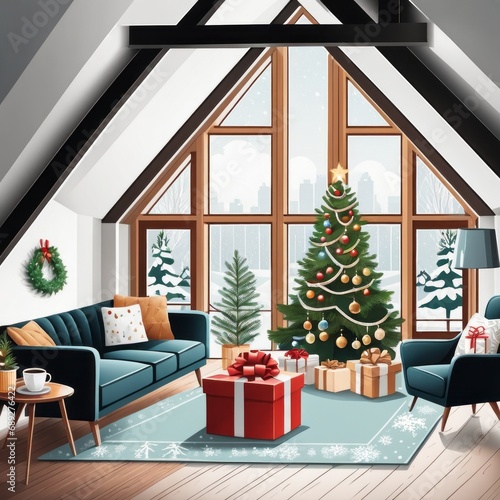 Modern Living Room Interior With Christmas Tree, Gift Boxes, Sofa And coffee table. © shaadjutt36
