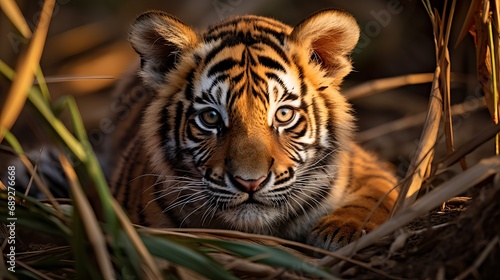 A close-up of a tiger cub in the wild.