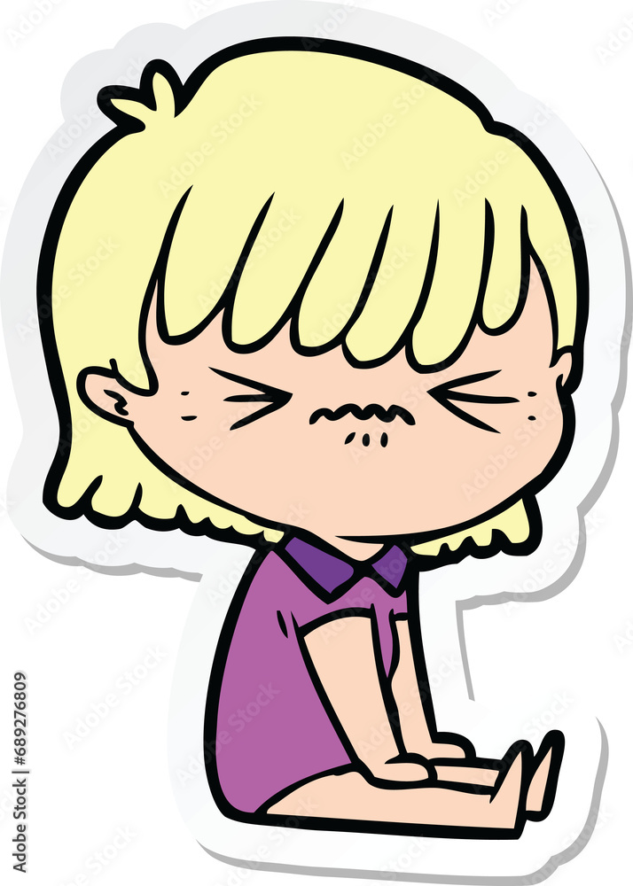 sticker of a annoyed cartoon girl sitting sticker of a annoyed cartoon girl sitting