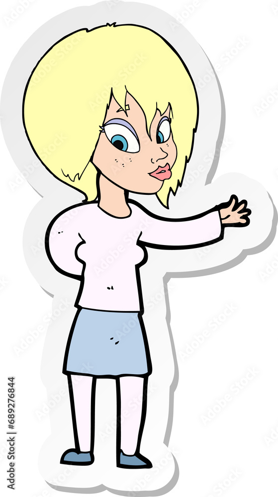 sticker of a cartoon woman making welcome gesture sticker of a cartoon woman making welcome gesture