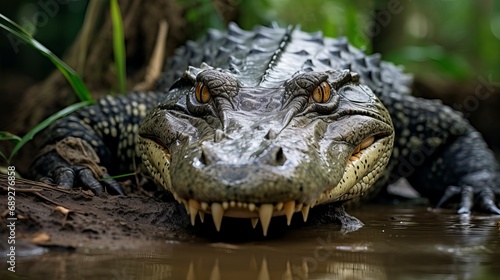 A wild alligator is resting in an african swamp