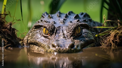A wild alligator is resting in an african swamp