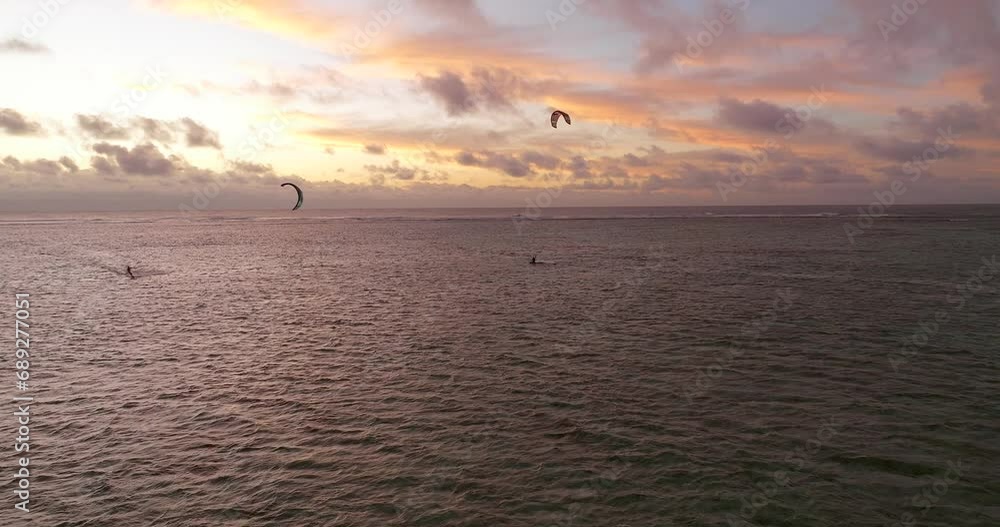 Kitesurfing in Mauritius island aerial view Kitesurfing in Mauritius island aerial view