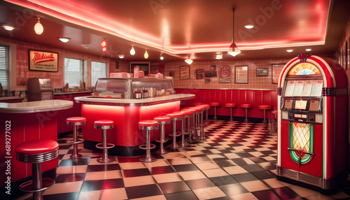 A retro style diner kitchen complete with checkered floors, red vinyl bar stools, and a jukebox playing classic tunes, exuding nostalgic vibes ai generative © Ebad