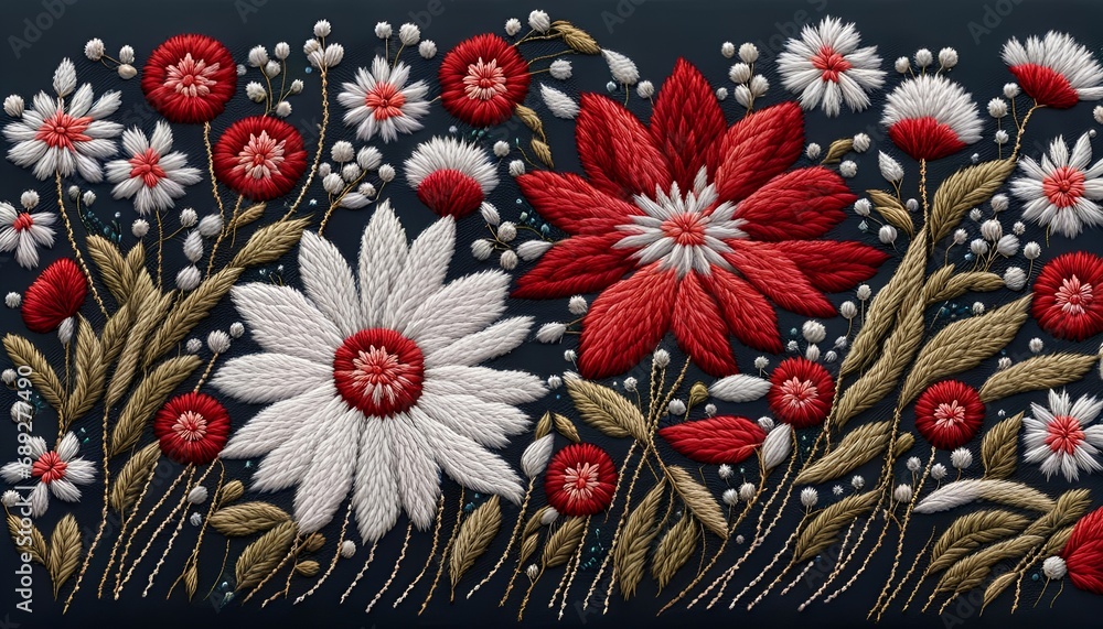 Little White And Red Flowers Embroidered Pattern