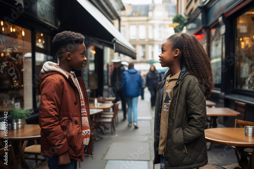 Conflict situation, first break up concept. African American teenager high school couple arguing misunderstanding on a street, Unhappy dating relationship, fighting quarreling disgusted teenage couple photo