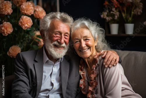Portrait, hugging romantic senior couple in love in living room in home smiling. Retirement smile of happy elderly man and woman on sofa, embrace enjoying quality time together in cosy house