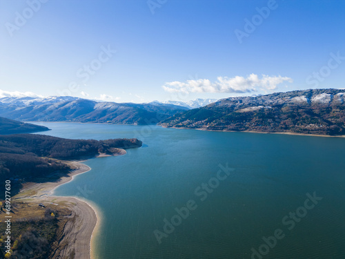 Mavrovo lake surrounded by mountains, view from the top, aerial