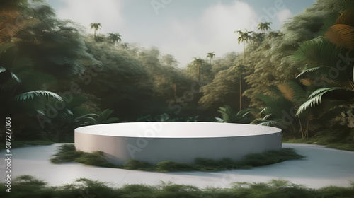 Concrete podium in tropical forest for product presentation and cloudy background,3d rendering podium platform © jiejie