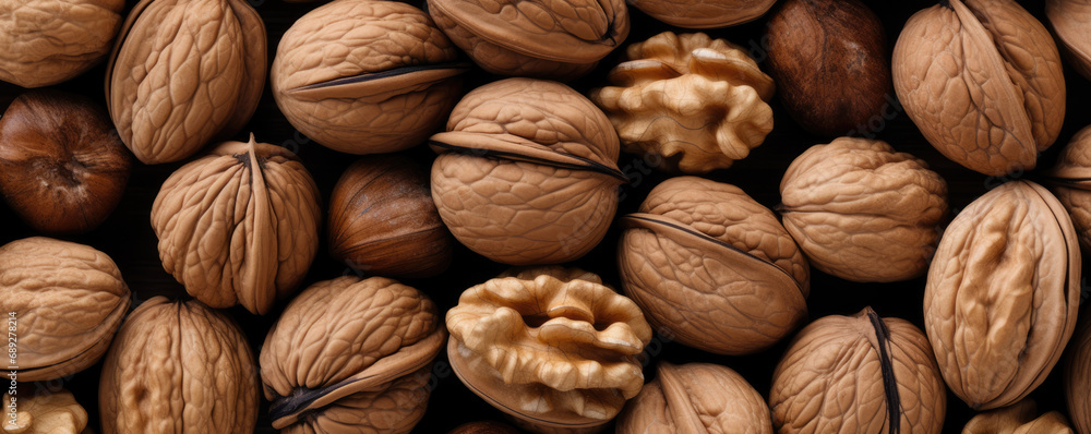 Walnuts with and without shell. Background of fresh walnuts for design. Walnuts with and without shell. Background of fresh walnuts for design.