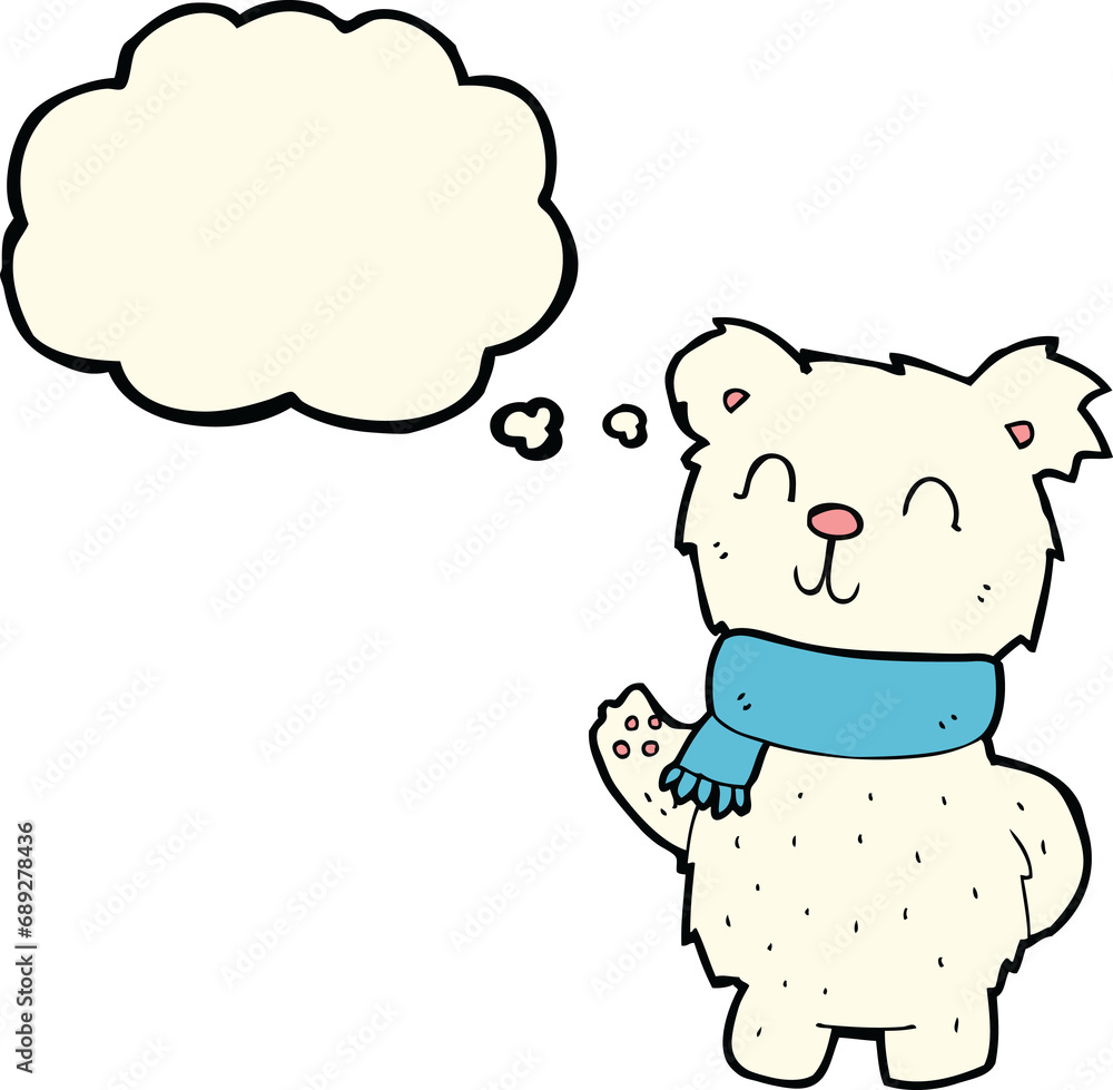 cartoon waving polar bear with thought bubble