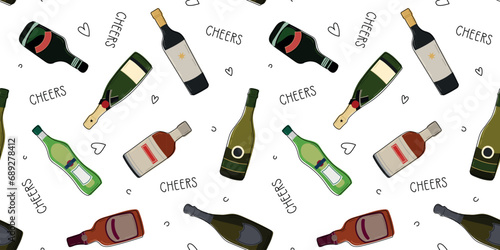 Various bottles of alcohol seamless pattern. Hand drawn alcohol pattern with doodle elements. Different shapes and colors of bottles. Wallpaper, background, wrapping paper