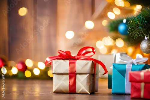 Christmas gifts wrapped in beautiful, colorful paper with christmas tree in the background and christmas lights bokeh