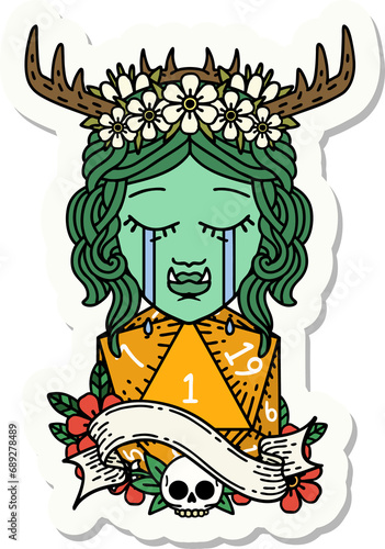 sticker of a crying orc druid character face with natural one D20 roll © lineartestpilot