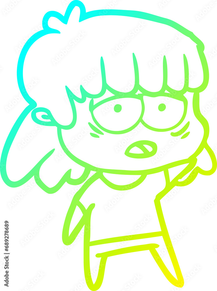 cold gradient line drawing of a cartoon tired woman