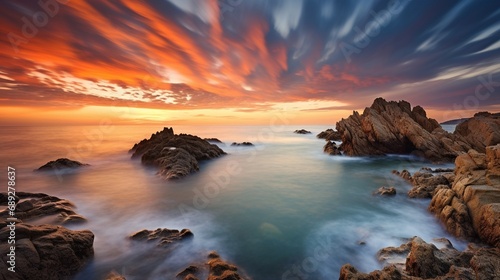 Amanecer vibrante sobre costa rocosa - Fotografía de paisaje marítimo photo