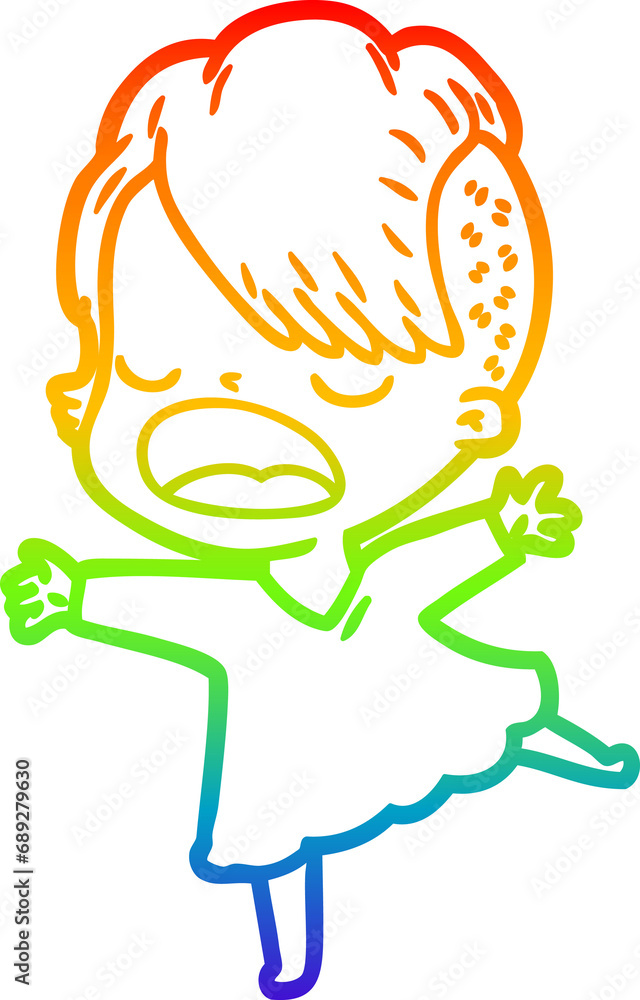 rainbow gradient line drawing of a cartoon cool hipster girl talking rainbow gradient line drawing of a cartoon cool hipster girl talking