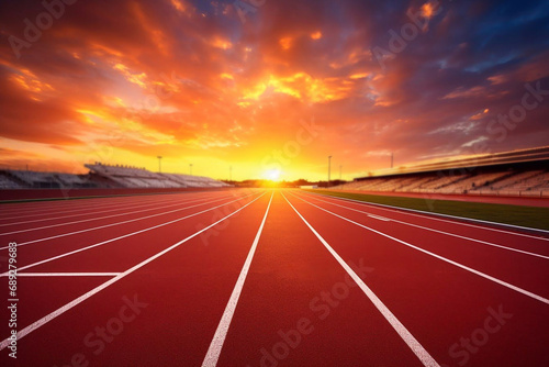 Athlete's empty running track, runway . Sunset or sunrise view. Generative Ai