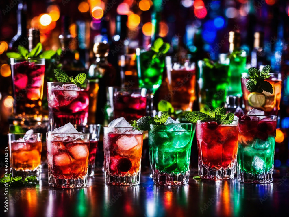 Many different refreshing colorful fruit cocktails with ice, lemon, mint and berries on a bar counter, night club party with soft drinks Many different refreshing colorful fruit cocktails with ice, lemon, mint and berries on a bar counter, night club party with soft drinks