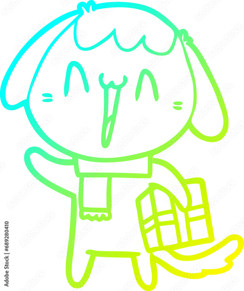 cold gradient line drawing of a cute cartoon dog with christmas present cold gradient line drawing of a cute cartoon dog with christmas present