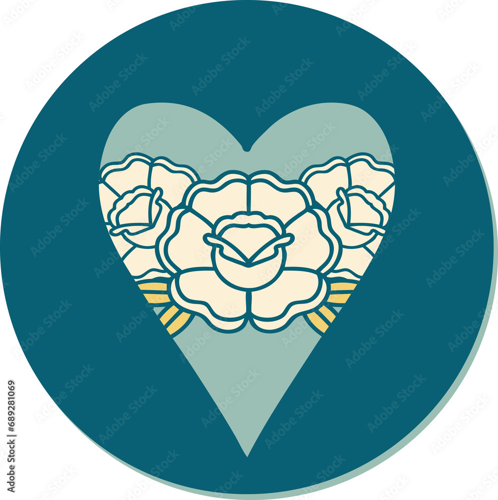 sticker of tattoo in traditional style of a heart and flowers sticker of tattoo in traditional style of a heart and flowers