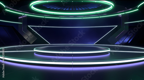 Full shot of a modern, virtual TV show background, ideal for artistic tv shows, tech infomercials or launch events. 3D rendering backdrop suitable on VR tracking system stage sets, with green screen photo