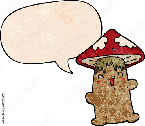 cartoon mushroom character with speech bubble in retro texture style