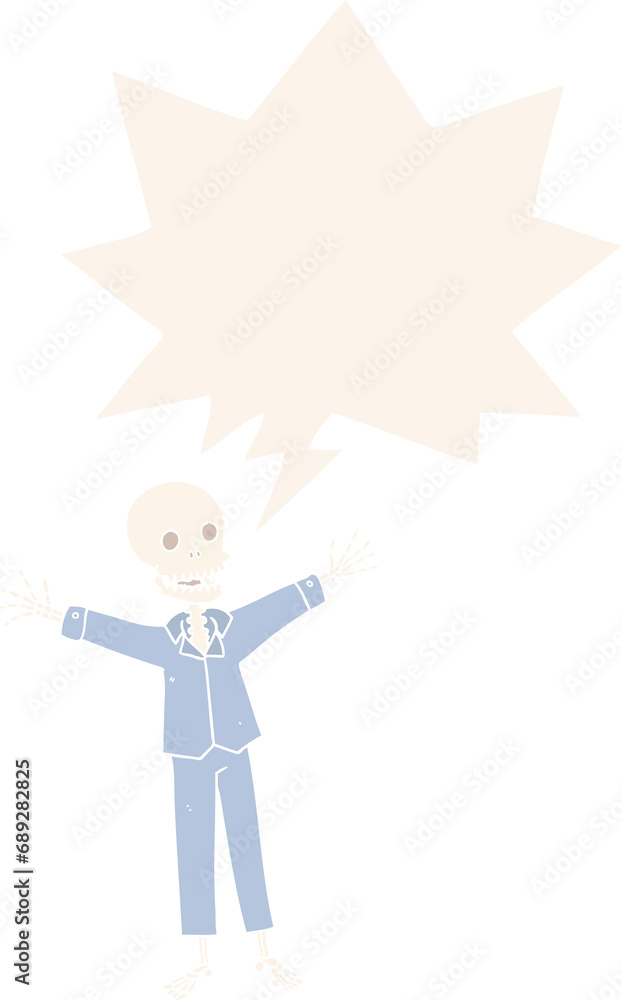 cartoon skeleton wearing pajamas with speech bubble in retro style cartoon skeleton wearing pajamas with speech bubble in retro style