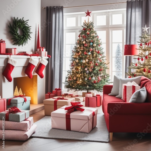 Red and spacious domestic living room decorated with Christmas fir tree and pastel holiday decor