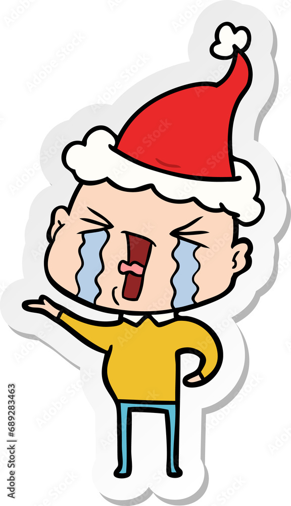 hand drawn sticker cartoon of a crying bald man wearing santa hat