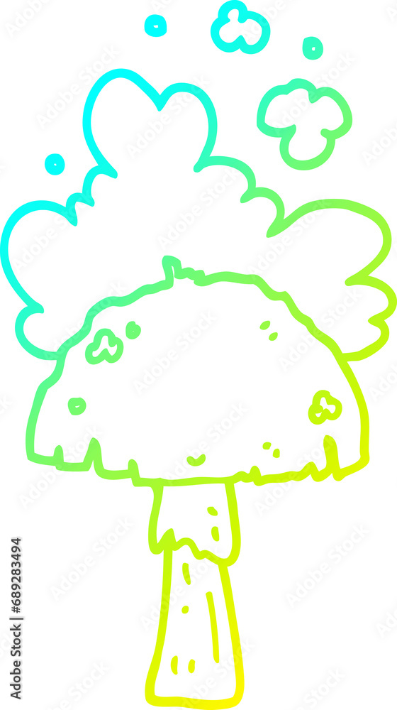 cold gradient line drawing of a cartoon mushroom with spore cloud cold gradient line drawing of a cartoon mushroom with spore cloud