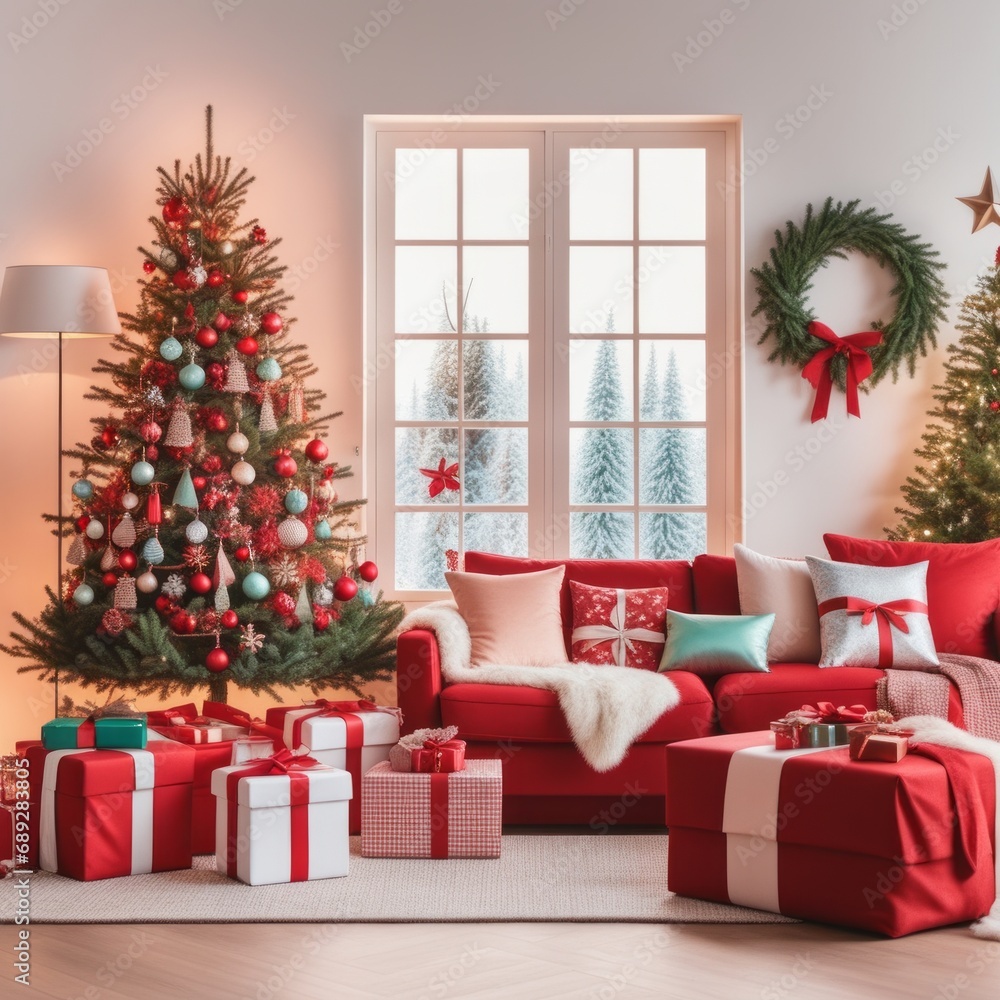 Red and spacious domestic living room decorated with Christmas fir tree and pastel holiday decor Red and spacious domestic living room decorated with Christmas fir tree and pastel holiday decor