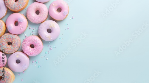 Background with donuts in pink glaze on a blue background