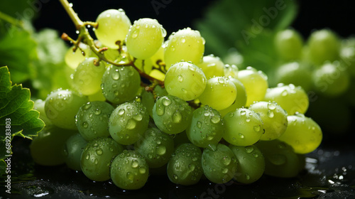 Fresh green grape fruit with water droplets on branch in soft dreamy bright atmosphere. Natural fruits surface.
