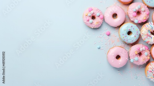 Background with donuts in pink glaze on a blue background photo