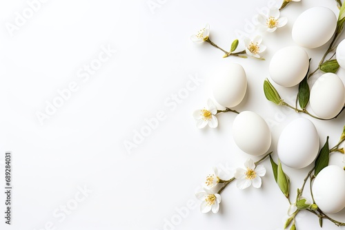 Minimalistic Easter background  white background eggs flowers plants grass
