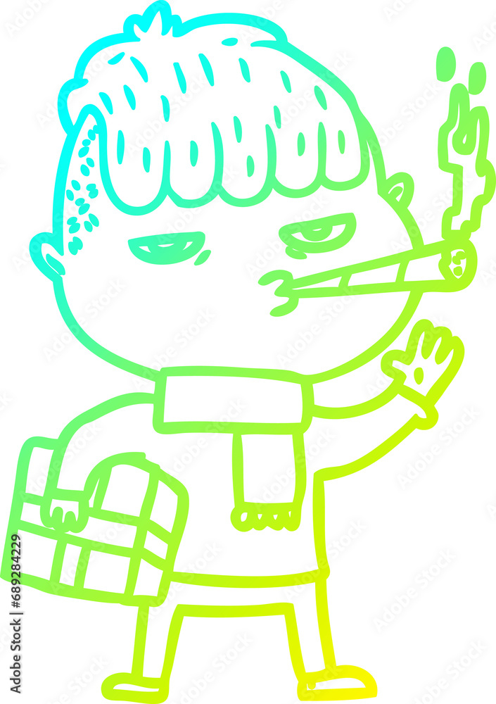 cold gradient line drawing of a cartoon man smoking carrying christmas gift