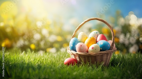 Easter composition on the grass, a basket with eggs on a spring background